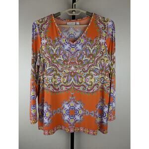 Susan Graver v-neck long sleeve liquid knit shirt orange purple print